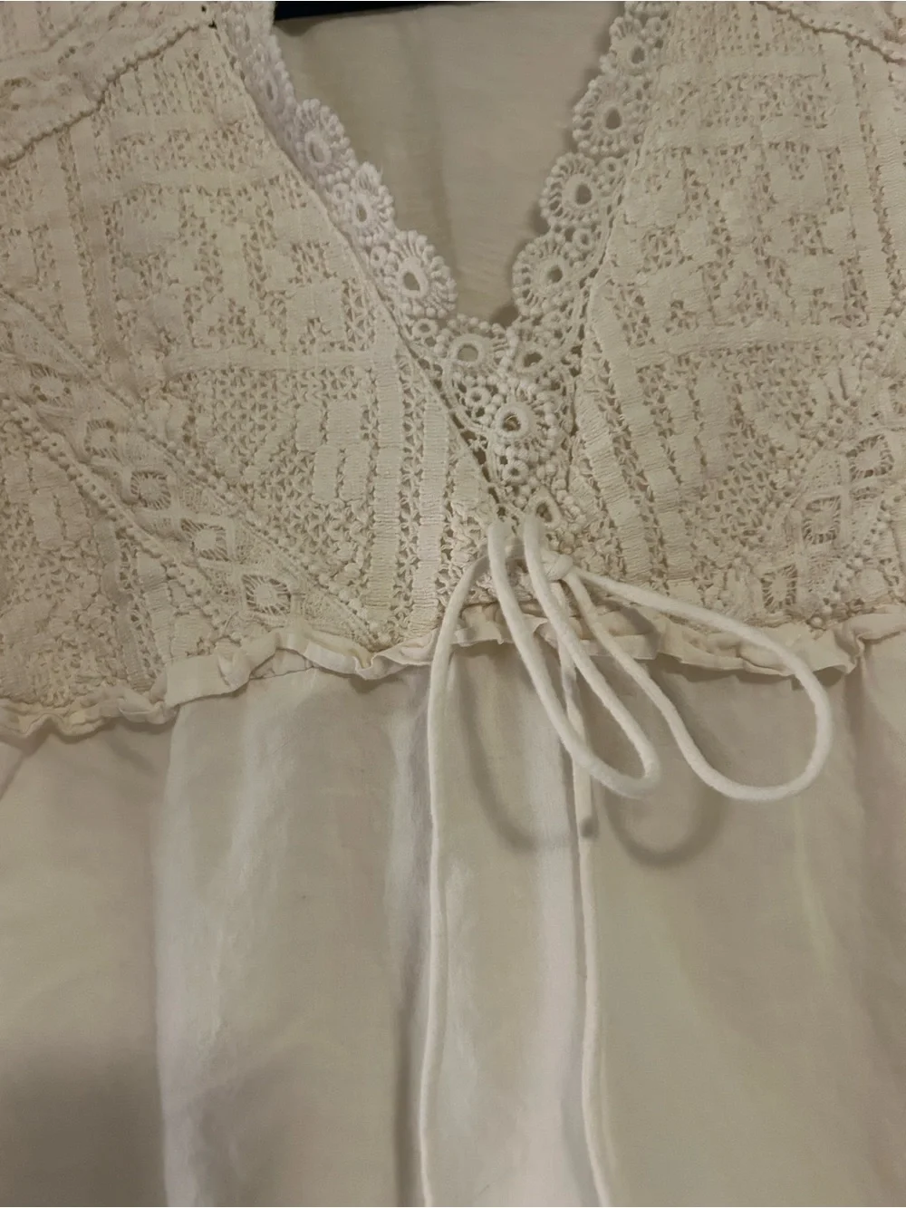 Anthropologie Cream Lace-Front Peasant Blouse with Tie